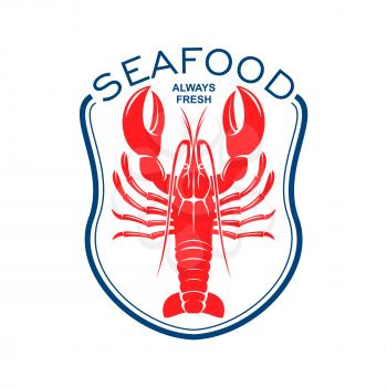 Red lobster icon framed by blue bib topped with caption Seafood. Great for seafood restaurant accessories or cafe menu design