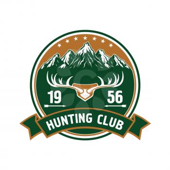 Round retro badge with snowy mountain peaks landscape and large branched deer antlers for hunting or sporting club design decorated by stars, arrows and heraldic ribbon banner