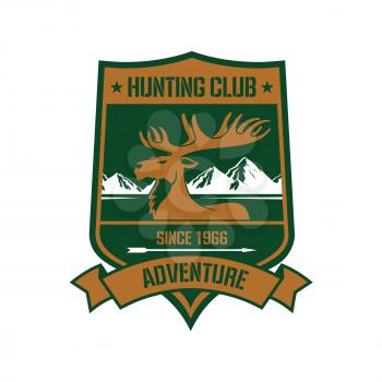Rocky mountain elk icon with mountain landscape on the background on heraldic shield adorned by ribbon banner with text Hunting Club and Adventure. Sporting badge or insignia design usage