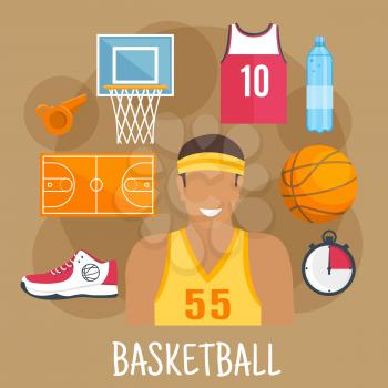 Basketball game symbol for ball sports theme design with guard player in yellow shirt and headband, ball, court and backboard with basket, red jersey, shoe, whistle and stopwatch