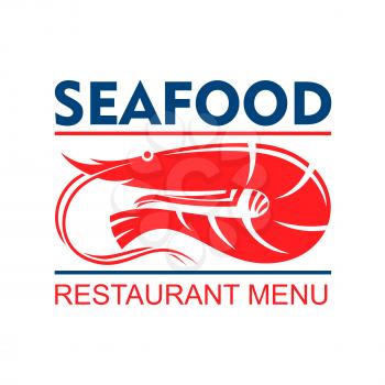 Seafood restaurant menu badge design template with marine red shrimp with white striped tail and long antennae