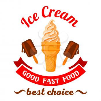 Fast food desserts retro cartoon badge with refreshing vanilla ice cream cone and melting chocolate ice cream on sticks. Use as fast food cafe dessert menu or ice cream takeaway paper cup design