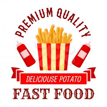 Fast food cafe symbol of crispy french fries with bottles of ketchup on both sides and wavy ribbon banner with text Delicious Potato below. Takeaway striped box of fast food fries for menu or interior