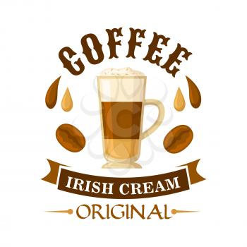 Delicious irish cream coffee cocktail symbol served in glass cup topped with whipped cream, decorated by drops of coffee and irish cream liqueur, coffee beans and curved ribbon. Use as cocktail menu o