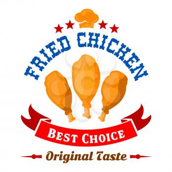 Best in town fried chicken retro badge adorned with chef hat and stars on the top and bright red ribbon banner below. Fast food fried chicken legs icon for takeaway menu or food delivery design usage