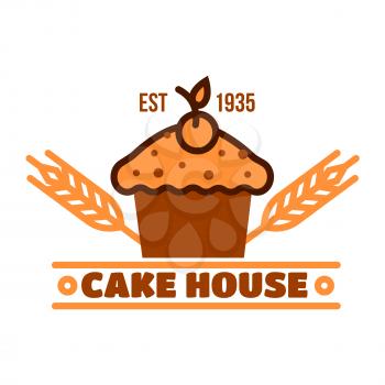 Retro badge for cake house and pastry shop design with chocolate cupcake topped by cherry. Bakery, cafe or pastry shop menu board design