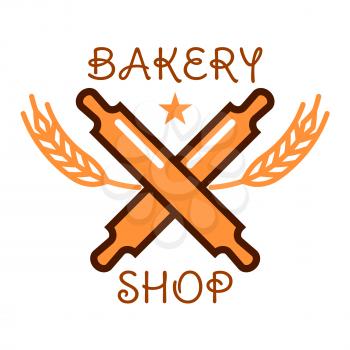 Bakery shop sign of crossed wooden rolling pins with cereal ears, crowned by star. Retro stylized bakery badge or pastry shop menu design usage