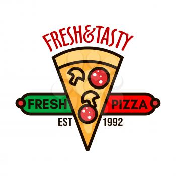Retro badge of original italian pizza topped with sausages, mushrooms and cheese adorned by red and green banner with caption Fresh Pizza. Great for pizzeria signboard or takeaway box design
