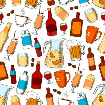 Drinks seamless pattern. Alcohol, fresh and healthy beverage elements. Hand drawn cartoon icons of coffee beans, hot tea cup, cocktail straw, beer mug, lemonade jar, wine glass, whiskey, rum, soda bot