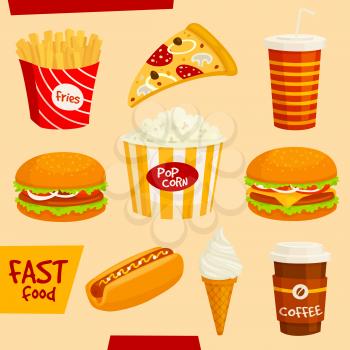 Fast food icons set. Fastfood snacks and beverages isolated vector elements. Cartoon drawings illustration. Burger, hamburger, french fries, hot dog, cheeseburger, pizza, popcorn, ice cream, milkshake