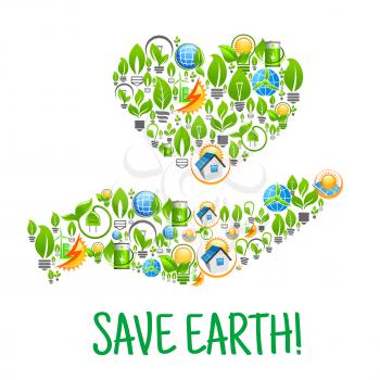 Save Earth. Eco Hand and Heart environmental creative illustration. Natural energy and electricity sources elements. Vector icons leaf, sun, water, wind, solar panel, plug, house. Nature protection an