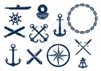 Marine and nautical flat icons and symbols set. Vector emblem blue elements of anchor, chain, steering wheel, submarine, sextant, bombs, cannons, swords.
