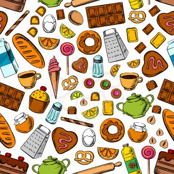Desserts and kitchenware seamless background. Wallpaper with vector icons of sweets, cookies chocolate, biscuits, cupcakes, bread bagels, tea, coffee, milk, eggs nuts honey jam