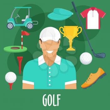 Golf sport equipment and outfit. Golf man player with accessories. Vector apparel icons of cap visor, golf club, ball, shoe, victory cup, pin, flag, hole, playing field, t-shirt, electro car cab