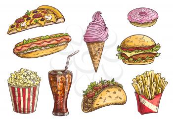 Fast food icons set. Isolated sketch snacks, drink, cheeseburger, tacos, hot dog, french fries in box, pizza slice, ice cream cone, donut, popcorn, soda drink in glass