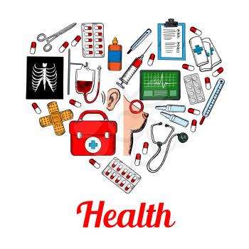 Medical symbols poster in heart shape. Hospital infographic with vector icons of health care equipment and medications heart, ear, breast, syringe, pill, x-ray, thermometer, stethoscope, ointment, bac