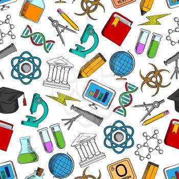 Science and knowledge seamless wallpaper. School and university education symbols. Background with pattern icons of globe, pencil, microscope, atom, dna, graphic, gene, molecule, book telescope chemic