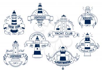 Lighthouse. Yacht Club and Bar isolated emblems set. Nautical sketch insignia badge with elements of ribbon, text for sport club, restaurant, eatery, hotel, resort sign