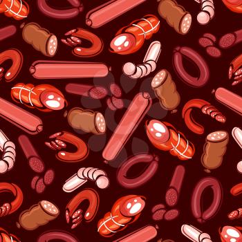 Sausages and meat delicatessen seamless background. Wallpaper with vector pattern icons of salami, pepperoni, wurst, meatloaf, bratwurst for grocery store, butcher shop, restaurant