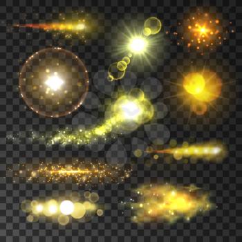 Glowing golden light sparks. Glittering flashes and sparkling stars with lens flare effect on transparent background. Vector shining sun rays
