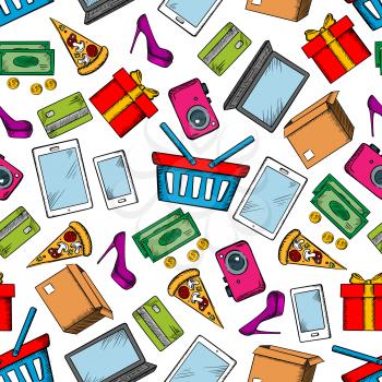 Shopping and leisure seamless background with pattern of vector sketch icons credit card, money, high heels, basket, banknote, dollar, gift, smartphone, laptop, pad, pizza, coin camera delivery box