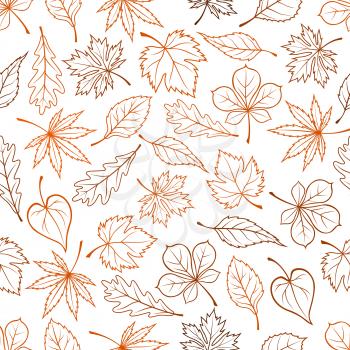 Leaves outline seamless background. Autumn foliage wallpaper with vector pattern of leaf silhouette icons maple, oak, birch, aspen, chestnut, elm, poplar