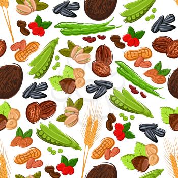 Nuts, grain, kernels and berries seamless background Wallpaper with vector pattern icons of almond, walnut, coconut, hazelnut, grain, peanut, pea, sunflower seeds, wheat, pistachio cranberry coffee be