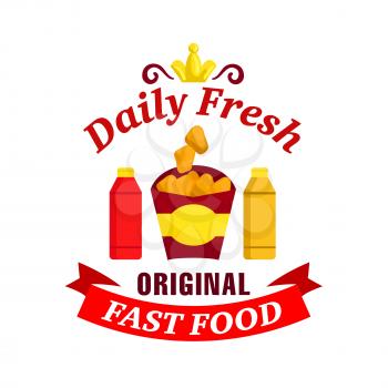Fast food label. Vector icon with chicken nuggets, ketchup, mustard, golden crown, red ribbon for restaurant menu, eatery signboard, cafe sticker
