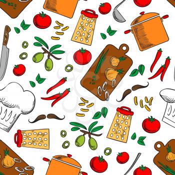 Cooking products and kitchen utensils seamless background. Wallpaper with vector pattern icons of pepper, tomato, olives, saucepan, sliced onion, knife, grater, chef cap, mustaches