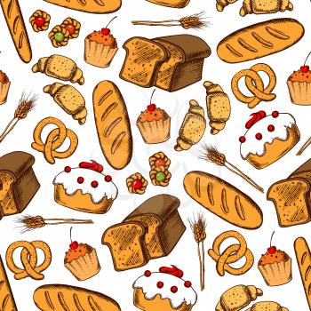 Bakery and pastry seamless background. Vector pattern wallpaper of croissant, bread, baguette, muffin, pretzel, bagel, cupcake for patisserie, cafe, bakery desserts shop