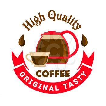 Cafe emblem. Glass coffee pitcher and cup label. Icon template for cafeteria signboard, fast food menu, coffee shop