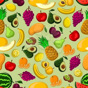Fresh fruits seamless pattern of orange, lemon, apple, banana, pineapple, peach, grape, plum, mango, pear watermelon kiwi avocado and melon fruits on green background