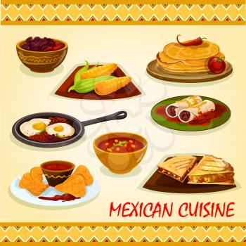 Mexican cuisine spicy dishes icon with tortillas, burrito, tortilla sandwiches with beef and vegetables, nacho with tomato sauce salsa, boiled corn, bean stew, spicy eggs rancheros, chili soup