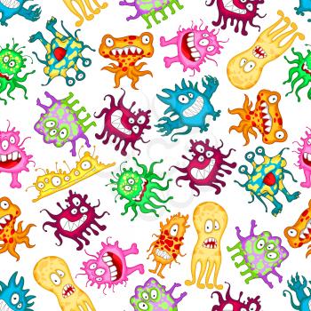 Funny monsters background with seamless pattern of cartoon alien, beast, bacteria and mutant with happy, smiling, scary and teasing faces. Use as childish Halloween design