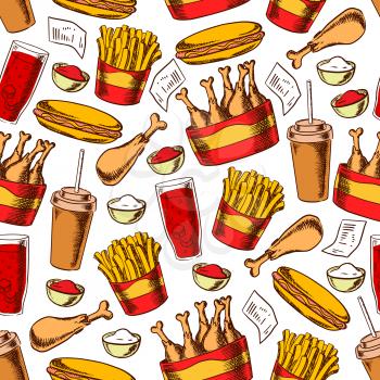 Fast food dinner background with seamless pattern of hot dog, french fries, chicken leg, soda and coffee drinks, ketchup and mayonnaise sauces. Food packaging or menu design