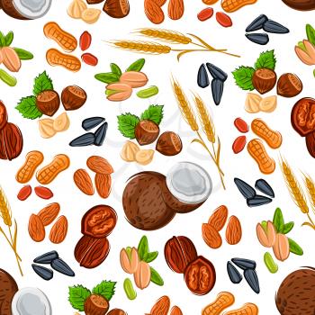 Seamless nuts and cereal pattern on white background with almond, peanut, hazelnut, walnut, pistachio and coconut, sunflower seed and ripe wheat
