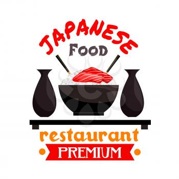Japanese cuisine restaurant badge with bowl of sticky rice, served with salmon sashimi, sake and chopsticks. Oriental cuisine theme or restaurant menu design