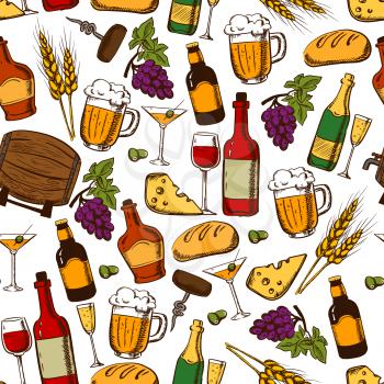Alcoholic drinks, cocktails and snacks seamless pattern on white background with wine, beer, champagne, whisky bottles and glasses with grape and olive fruits, cheese, bread, corkscrew and wheat ears