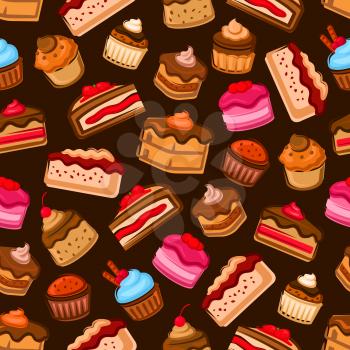 Chocolate cake and cupcake seamless pattern decorated by fresh strawberry and cherry fruit, berry, caramel and mint cream, jam and chocolate sauce on brown background