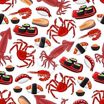 Japanese seafood cuisine seamless pattern with sushi rolls, sushi nigiri with tuna and shrimp, salmon, prawn, crab, squid and red caviar. Seafood background for restaurant or sushi bar design