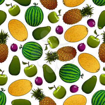 Healthy green apple, avocado, watermelon, violet plum, ripe yellow pineapple and fragrant cantaloupe melon fruits seamless pattern. Organic farming and gardening design