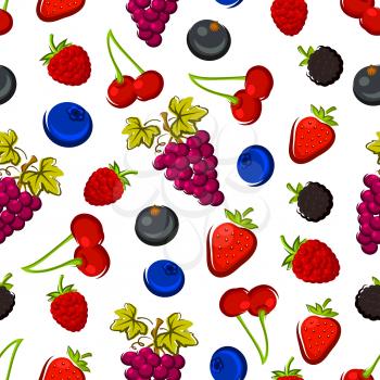 Juicy fruits and berries seamless pattern of strawberry, cherry, purple grape, blueberry, raspberry, blackberry and currant with green leaves. Vegetarian dessert design