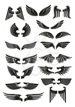 Black wings icons set. Heraldic vintage bird, eagle, angel wings outline silhouettes for tattoo, heraldry or tribal label. Vector gothic armor element