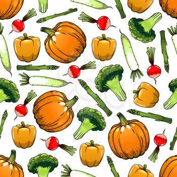 Vegetables seamless background. Wallpaper with vector pattern of fresh vegetarian farm food pepper, paprika, radish, pumpkin, broccoli for grocery store, food market and product shop, tablecloth