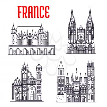 Historic buildings of France. Vector thin line icons of Marseilles Cathedral, Rouen Cathedral, Saint-Ouen Abbey Church, Sainte-Chapelle. French showplaces for print, souvenirs, postcards, t-shirts