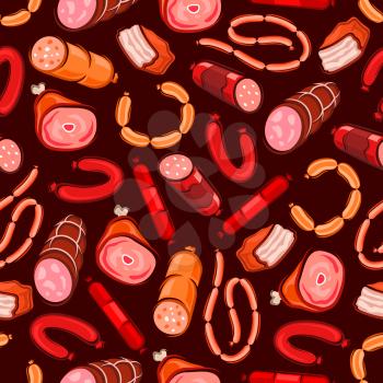 Sausages and meat snacks background. Seamless wallpaper of butcher shop delicatessen salami, delicatessen, pepperoni, wurst, meatloaf, bratwurst, ham for restaurant menu, grocery shop or food package 