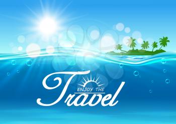 Enjoy Travel poster. Summer vacation background with ocean water, shining sun, tropical palm island. Template for resort banner, advertising agency placard, greeting card