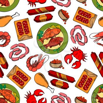 Gastronomy seamless background. Wallpaper with vector pattern of sausages, seafood, crab, lobster, caviar, chicken leg