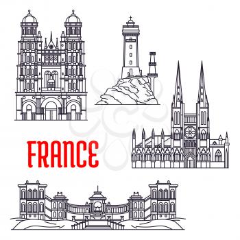 Historic landmarks, sightseeings and buildings of France. Vector thin line icons of Tevennec Lighthouse, Saint-Michel de Dijon, Bordeaux Cathedral, Palais Longchamp