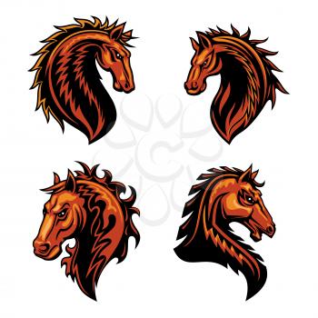Fire horse head mascot with brown wild mustang stallion, adorned by ornaments of curly fire flames. Sporting team or club symbol design